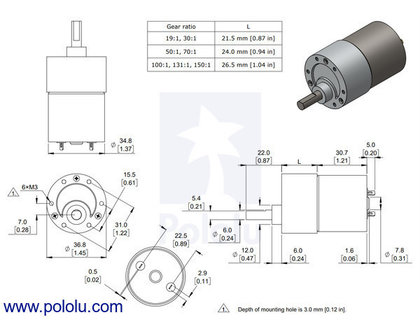 19:1 Metal Gearmotor 37Dx52L mm 12V (Helical Pinion) Pololu 4741