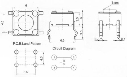 6x6x6mm Drukknop microswitch 4 pins