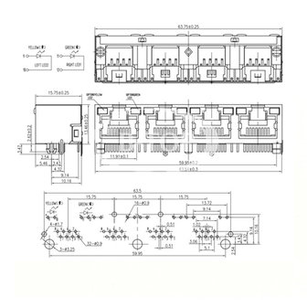 RJ45 8-pin 4x1 Socket Met Led