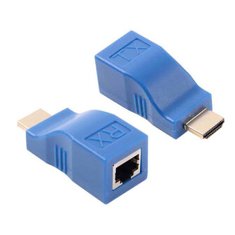 HDMI naar RJ45 Extender Adapter (ontvanger en verzender) via een Cat-5e/6 kabel Verzend bereik: 30 meter (blauw)