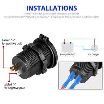 Dual USB stopcontact QC3.0 met Schakelaar + Aansluitkabel - 12V/24V - 5V/3A  - Blauw