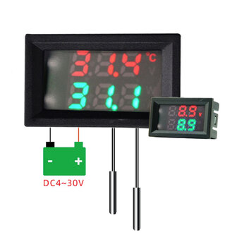 Temperatuur - Voltmeter 3in1  Display Rood en Groen - Thermometer- DC 4V-28V