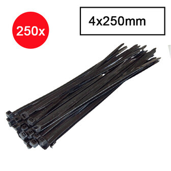 Kabelbinders - Tyraps - Tie wraps - Kabel organizer - 4x250mm - 250 stuks - Zwart