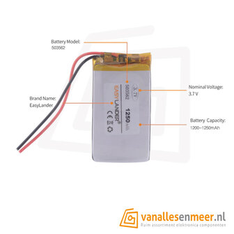 Lithium Ion Polymer batterij - 3,7 V 1250mAh 