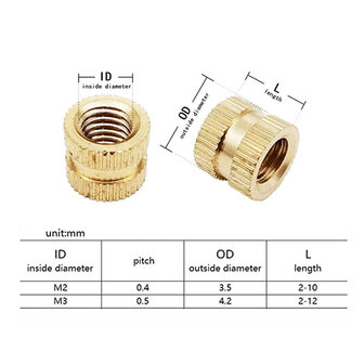 400 stuks schroefdraadinzetstuk, M2 en M3 indrukmoer, messing schroefdraadbussen, binnenschroefdraad, kartelmoeren met kunststo