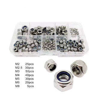 200 stuks DIN985 Hex Nylon Insert Zelfborgende Moer &ndash; Nylock Borgmoer Assortiment Kit M2-M8, 304 Roestvrij Staal (A2-70)