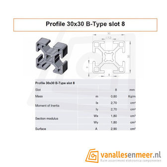 Aluminium T-sleuf Profiel 30x30 lengte 100cm