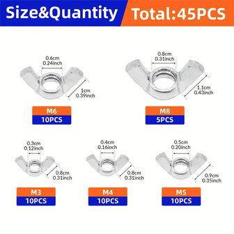 Vleugelmoer Set &ndash; 45 Stuks &ndash; M3 t/m M8 &ndash; Gegalvaniseerd Staal &ndash; In Assortimentsdoos