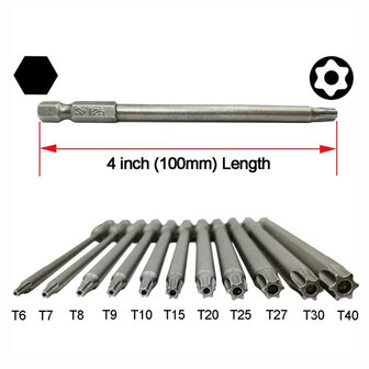 11-delige Torx Bitset &ndash; 1/4&quot; Hex &ndash; 100 mm &ndash; Torx T6&ndash;T40 &amp; Flathead &ndash; S2 Staal