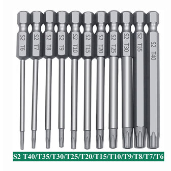 11-delige Torx Bitset &ndash; 1/4&quot; Hex &ndash; 100 mm &ndash; Torx T6&ndash;T40 &amp; Flathead &ndash; S2 Staal