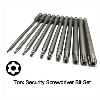 11-delige Torx Bitset &ndash; 1/4&quot; Hex &ndash; 100 mm &ndash; Torx T6&ndash;T40 &amp; Flathead &ndash; S2 Staal