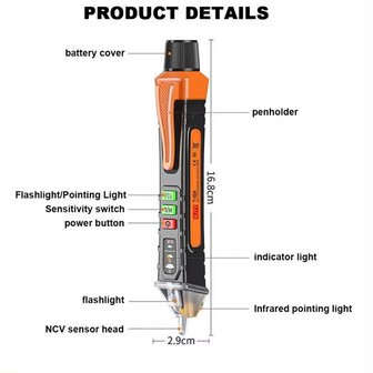 Contactloze Spanningszoeker &ndash; 12V tot 1000V AC &ndash; LED Indicatie &ndash; Gevoeligheidsinstelling &ndash; Met Zakl
