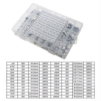 SMD Aluminium Elektrolytische Condensator Assortimentsset &ndash; 400 Stuks &ndash; 1&micro;F t/m 1000&micro;F &ndash; 24 