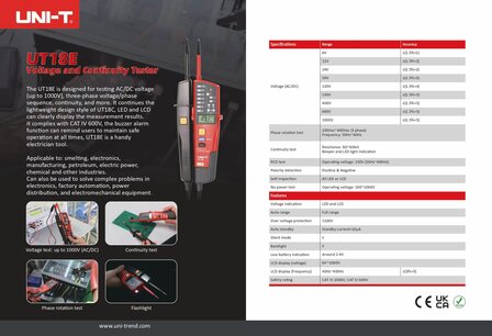 UNI-T UT18E Spanningstester &ndash; 1000 V &ndash; Continu&iuml;teitstester &ndash; IP65