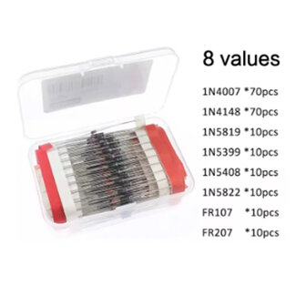 Diode assortiment set 200 stuks 8 waarden 1N4148 1N4007 1N5399 FR107 FR207 1N5819 1N5408 1N5822