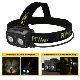 PCW12G LED hoofdlamp outdoor 720 lumen oplaadbaar met bewegingssensor en rode stand spatwaterdicht