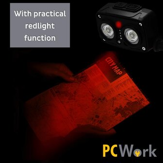 PCW12G LED hoofdlamp outdoor 720 lumen oplaadbaar met bewegingssensor en rode stand spatwaterdicht