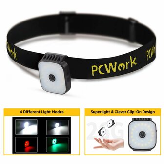 PCW12E LED clip hoofdlamp 200 lumen oplaadbaar USB C met clip en hoofdband IPX4 rood groen knipper