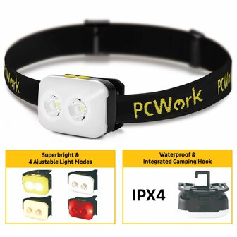 PCW12C LED hoofdlamp 380 lumen USB C oplaadbaar met warm wit koud wit focus en flood IPX4