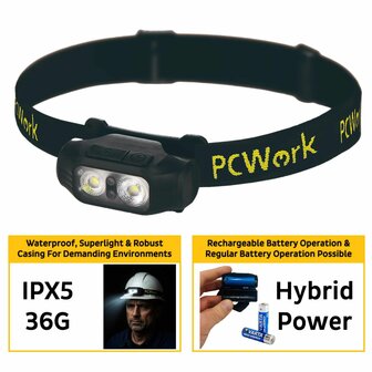 PCW12A LED Hoofdlamp Hybride Oplaadbaar 200 Lumen USB C IPX5