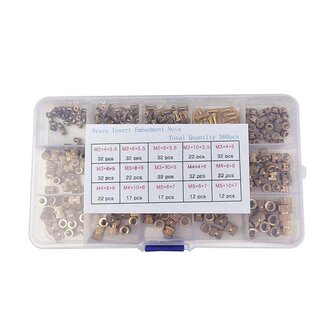 Messing Insert Moeren Set 360-delig M2 M3 M4 M5 &ndash; Brass Knurl Nuts in Opbergdoos