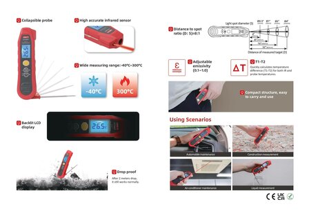 UNI-T UT320T 2-in-1 Thermometer &ndash; Infrarood &amp; Probe &ndash; -40&deg;C tot 300&deg;C