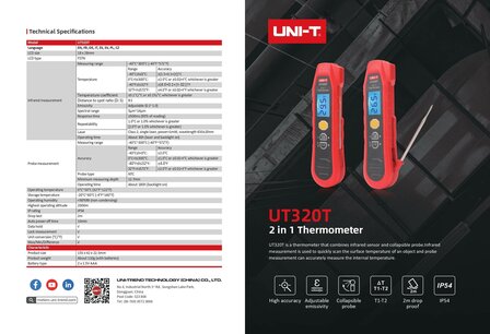 UNI-T UT320T 2-in-1 Thermometer &ndash; Infrarood &amp; Probe &ndash; -40&deg;C tot 300&deg;C