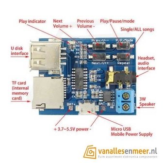 MP3 speler met 2W mono versterker via USB stick of MicroSD-kaart