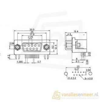 DR9 Female connector voor pcb montage