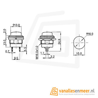 Drukcontact 16mm rond 250V/3A