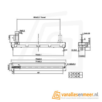 Schuif potentiometer A10K 2 Kanaals 75mm