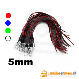 5mm led helder met kabel 20cm 12v