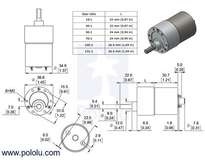 70:1 Metal Gearmotor 37Dx54L mm Pololu 1105