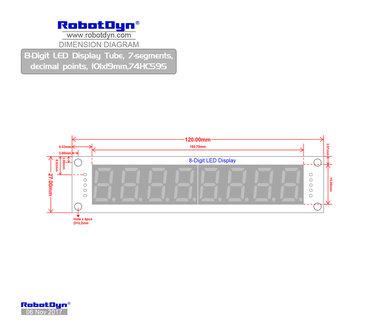 8-Digit LED Display Rood Tube 7-segments, decimale punten, 101x19mm, 74HC595