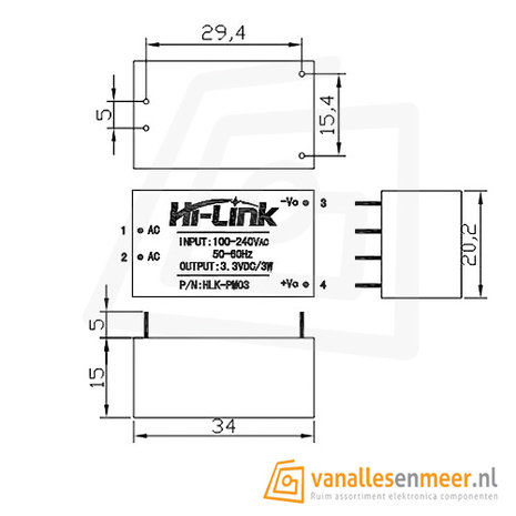 Hi-Link PCB Voeding - 12VDC 0.25A - HLK-PM12