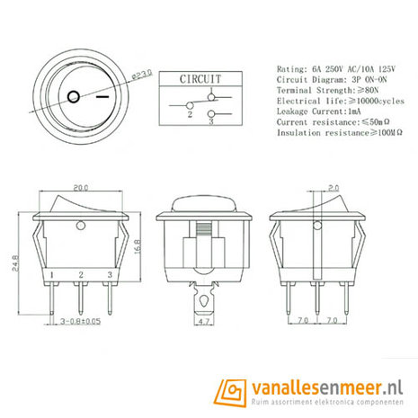 Schakelaar aan/aan rond rood 250V 3pin