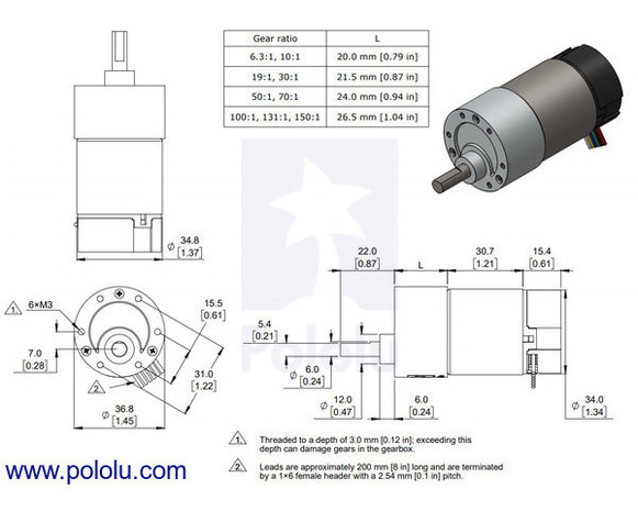 19:1 Metal Gearmotor 37Dx68L mm 24V with 64 CPR Encoder (Helical Pinion) Pololu 4691