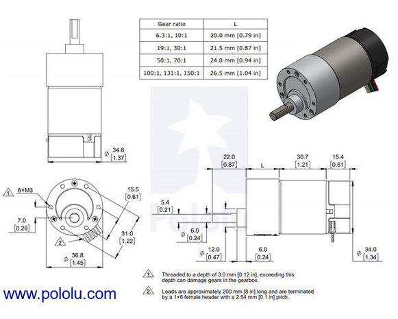 30:1 Metal Gearmotor 37Dx68L mm 24V with 64 CPR Encoder (Helical Pinion) Pololu 4692