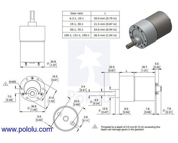 131:1 Metal Gearmotor 37Dx57L mm 12V (Helical Pinion) Pololu 4746