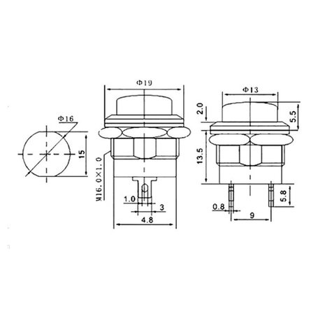 Schakelaar Rond 14mm Momentary 250V/3A R13-507