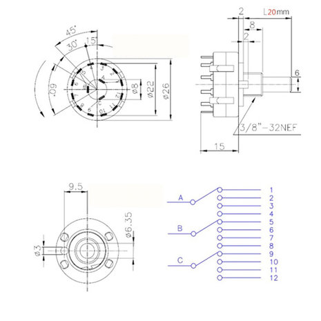 ROTARY SWITCH 3 POLE 4 POSITION RS26