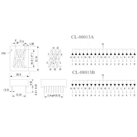 16 Segment 1 digits LED display Blauw CC 0.8 Inch