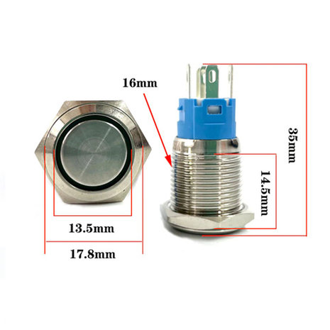 12V Power LED druk schakelaar 16mm Self-reset