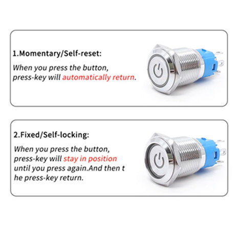 12V Power LED druk schakelaar 16mm Self-reset