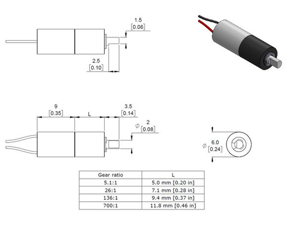 5.1:1 Sub-Micro Plastic Planetary Gearmotor 6Dx14L mm  Pololu 2331