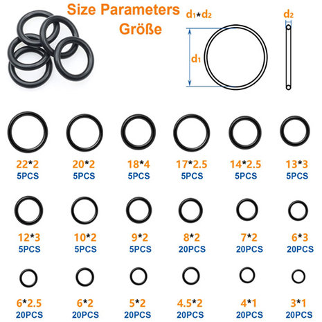 Afdichtingsringen set, O-ringen afdichtring rubber assortiment, 18 verschillende maten assortiment kit