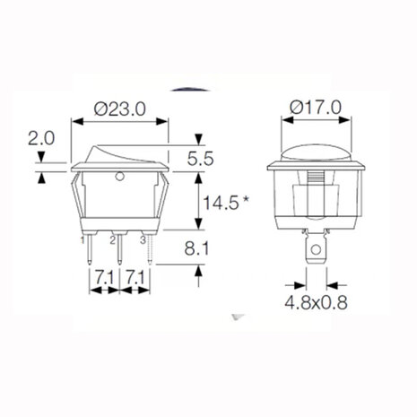 Kcd1 3Pin rond 23mm Schakelaar - On/Off - Zwart 230V, 6A