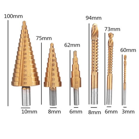 Boorset, Stappenboor Set - Trapboor Stappenboren 6 delig