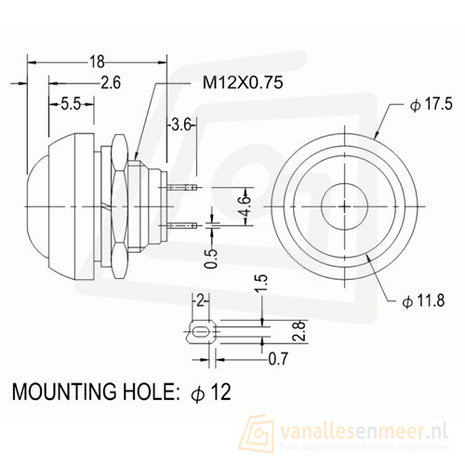 Drukcontact 12mm rond 250V/1A