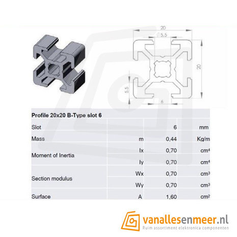 Aluminium T-sleuf Profiel 20x20 lengte 100cm